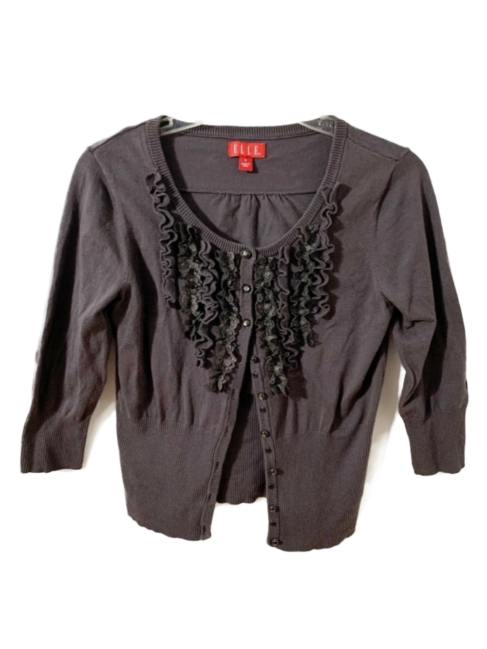 Elle Button Front Long Sleeve Cardigan Sweater Ruffle and Lace Detailing Small